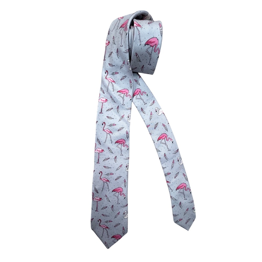 Bugatchi Necktie Men Gray Pink Flamingo Feather 100% Silk Made in Italy Tie